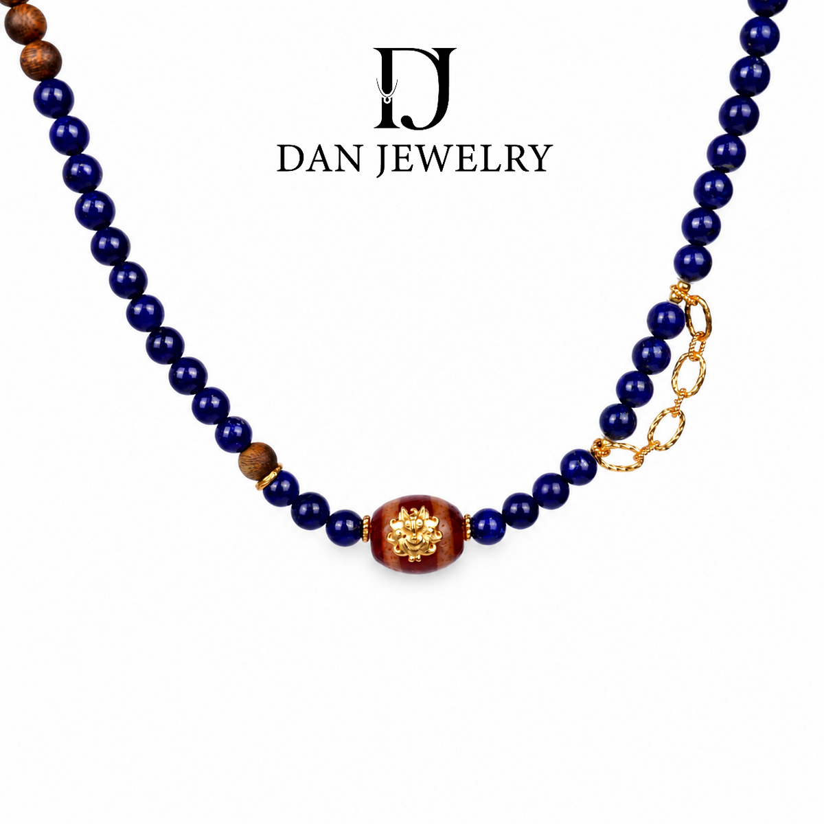 Lapis Lazuli Vintage Necklace with Sandalwood and Dzi Beads D2607323
