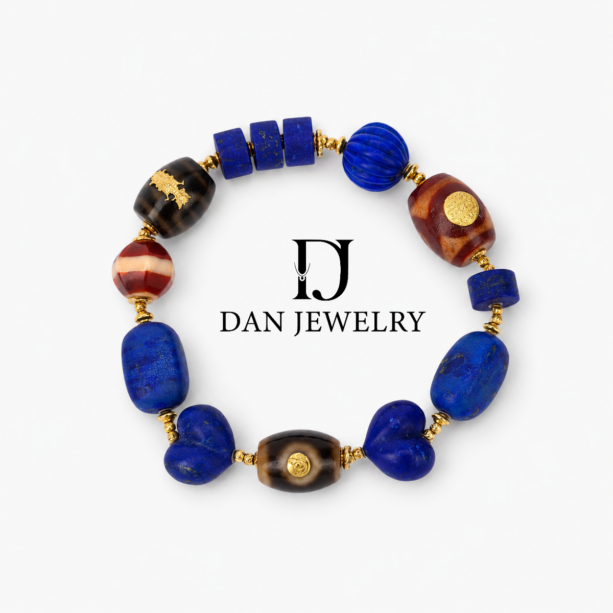 Gold-Foil Inlaid Freeform Lapis Lazuli Bracelet with Dzi Bead D2607324