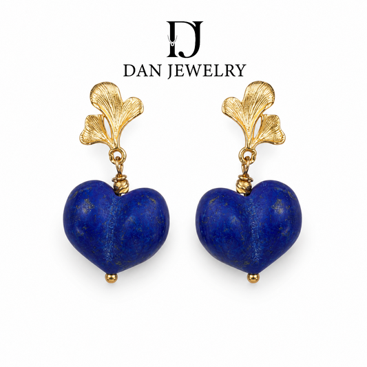Matte Heart Lapis Lazuli Stud Earrings with Gold-Tone Leaf Setting D2607315