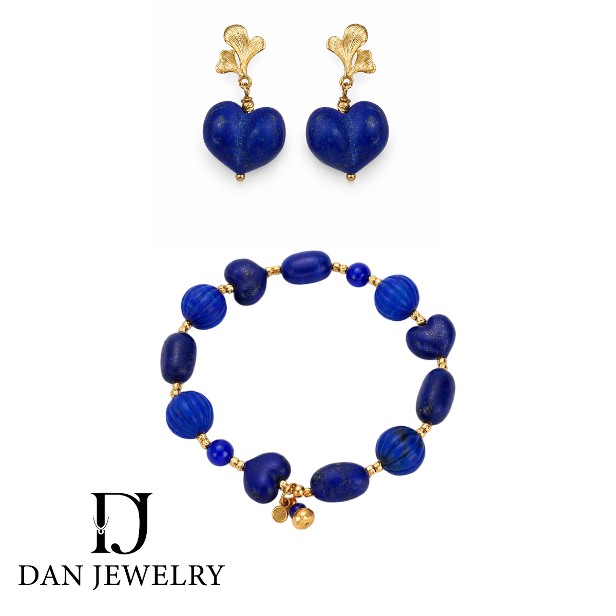 Matte Heart Lapis Lazuli Jewelry Set with Gold-Tone Leaf Setting D2607317