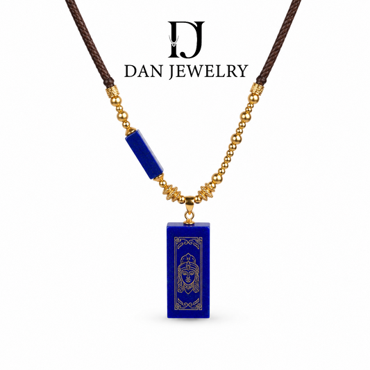 Rectangular Plaque Lapis Lazuli Pendant Necklace with Vintage Brown Cord D2607318