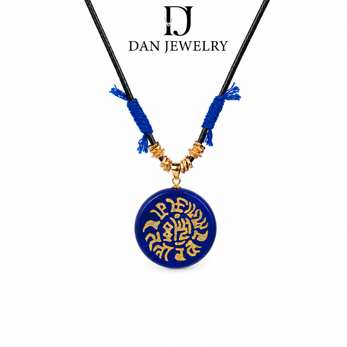 Double-Sided Gold-Detail Round Lapis Lazuli Pendant Cord Necklace D2607320