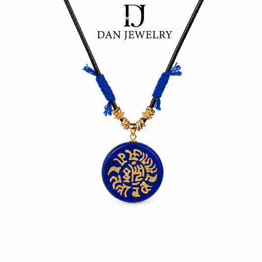 Double-Sided Gold-Detail Round Lapis Lazuli Pendant Cord Necklace D2607320