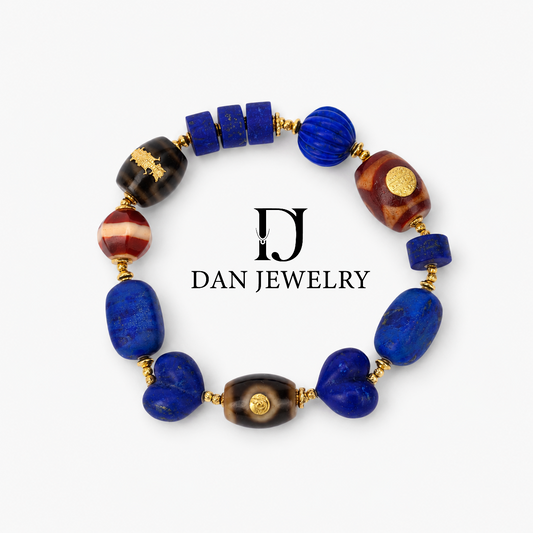 Gold-Foil Inlaid Freeform Lapis Lazuli Bracelet with Dzi Bead D2607324