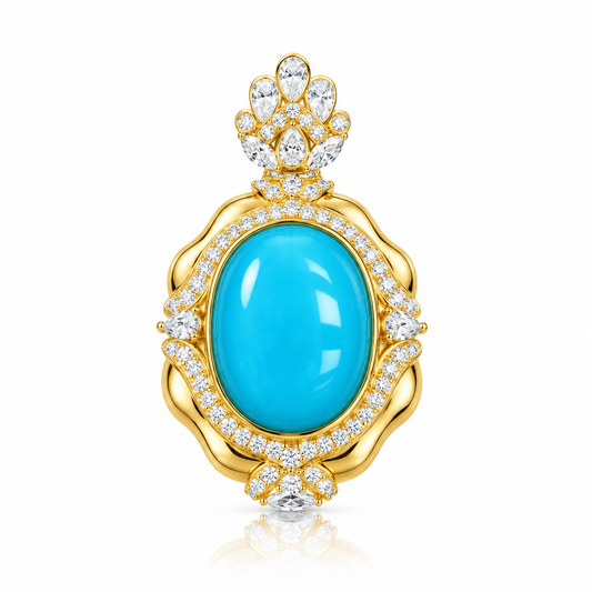 Crown Pavé Wave Halo Oval Turquoise Pendant D2607299