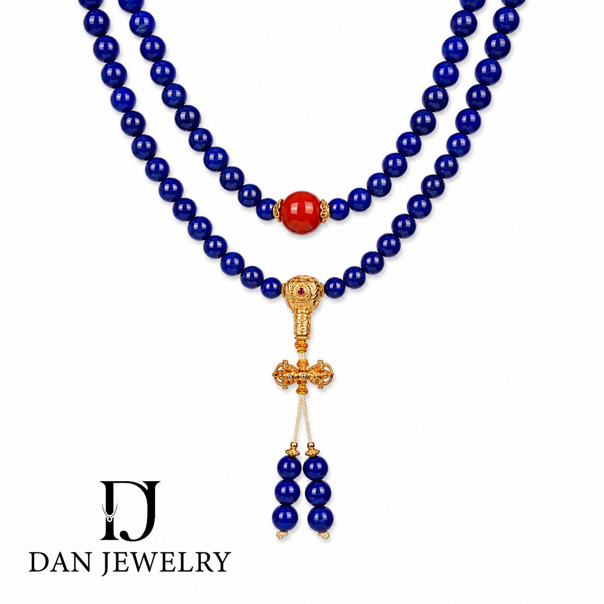 Lapis Lazuli Prayer Bead Necklace with Nanhong Agate and Gold-Tone Accents D2607327