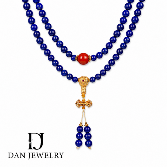 Lapis Lazuli Prayer Bead Necklace with Nanhong Agate and Gold-Tone Accents D2607327