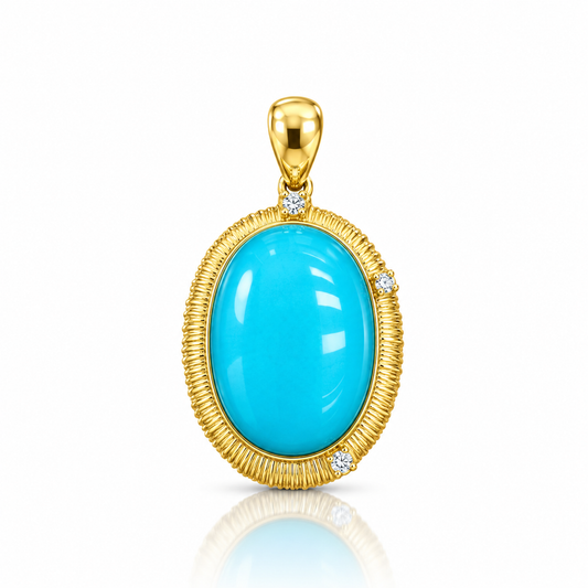 Brushed Gold-Edge Pavé Large Oval Turquoise Pendant D2607302