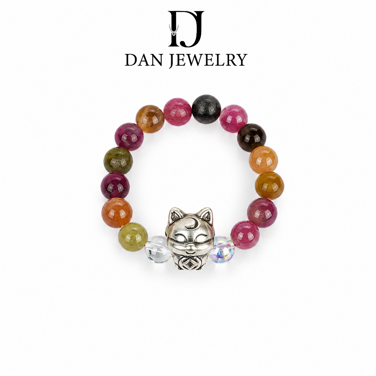 Gradient Faceted Tourmaline Cat Charm Stretch Ring D2607249
