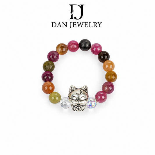 Gradient Faceted Tourmaline Cat Charm Stretch Ring D2607249
