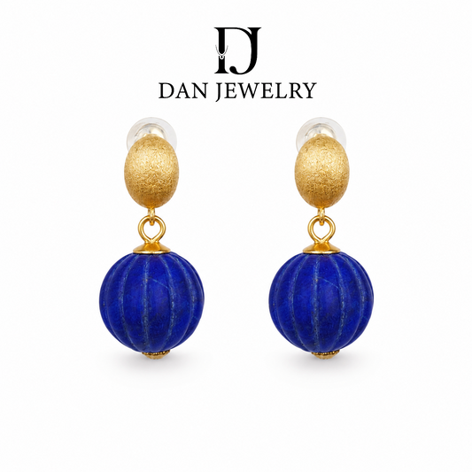 Matte Gold Pumpkin Bead Lapis Lazuli Drop Stud Earrings D2607304