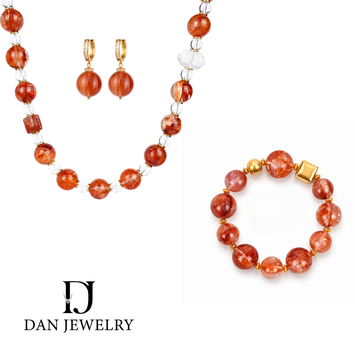 Orange Crystal and Clear Quartz Jewelry Set D2607280
