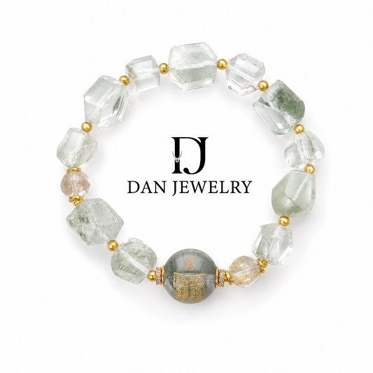 Green Phantom Quartz and Golden Rutilated Quartz Bracelet D2607286