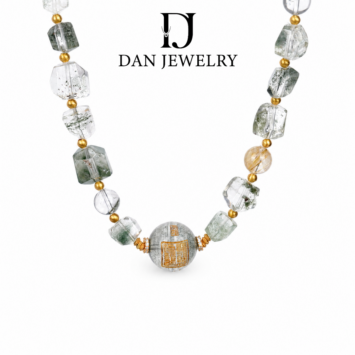 Green Phantom Quartz and Golden Rutilated Quartz Necklace D2607287