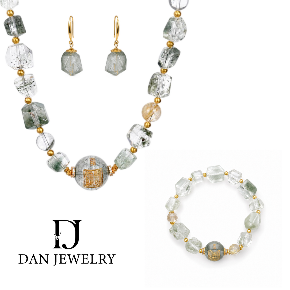 Green Phantom Quartz and Golden Rutilated Quartz Jewelry Set D2607288