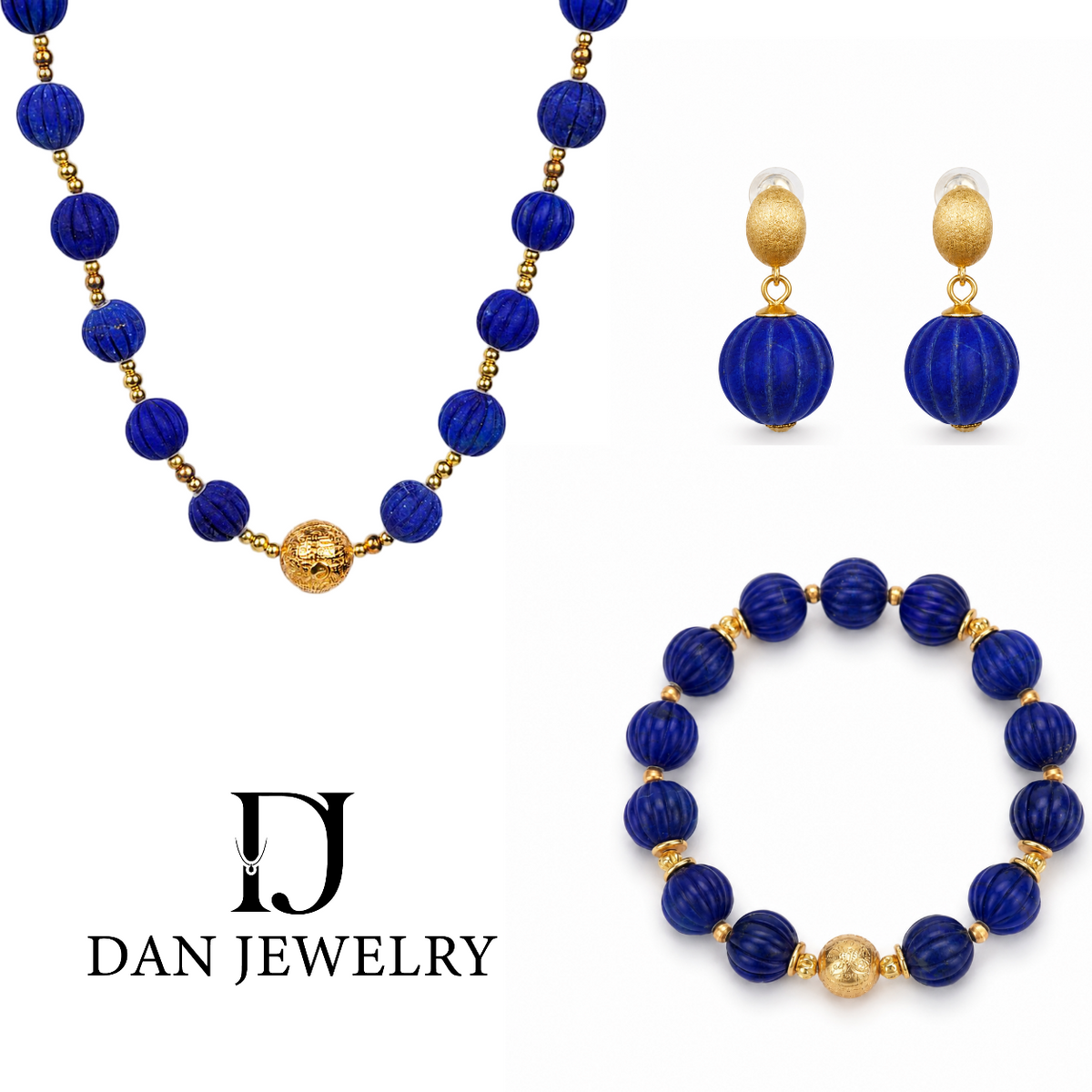 Matte Gold Pumpkin Bead Lapis Lazuli Necklace Bracelet & Earrings Set D2607307