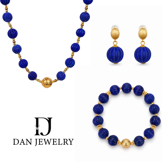 Matte Gold Pumpkin Bead Lapis Lazuli Necklace Bracelet & Earrings Set D2607307