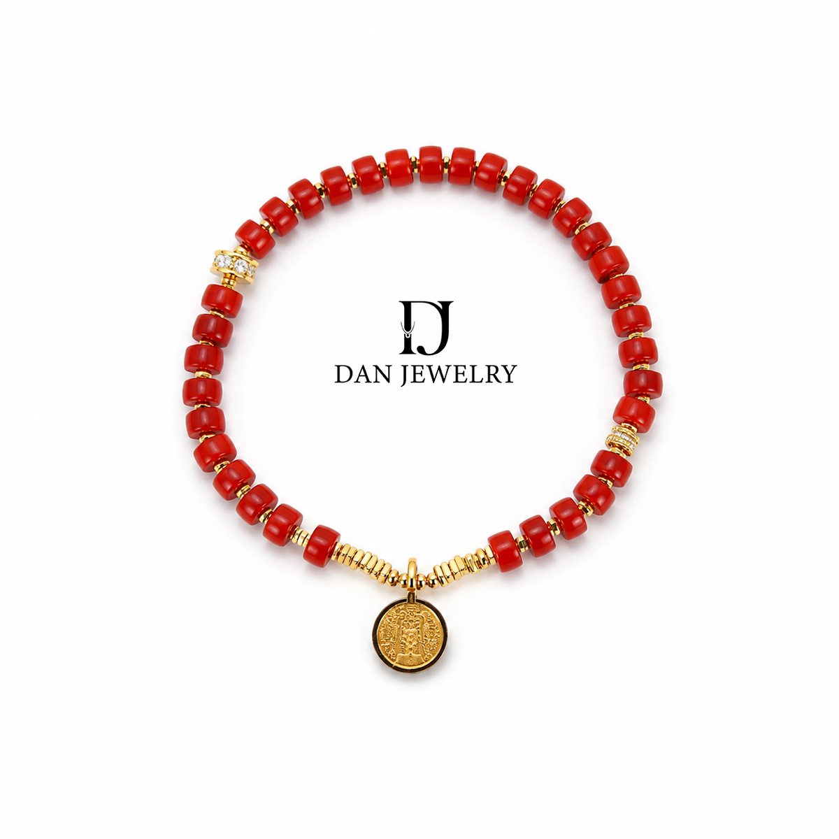Cinnabar Bead Vintage Round Gold Tag Bracelet D2607252